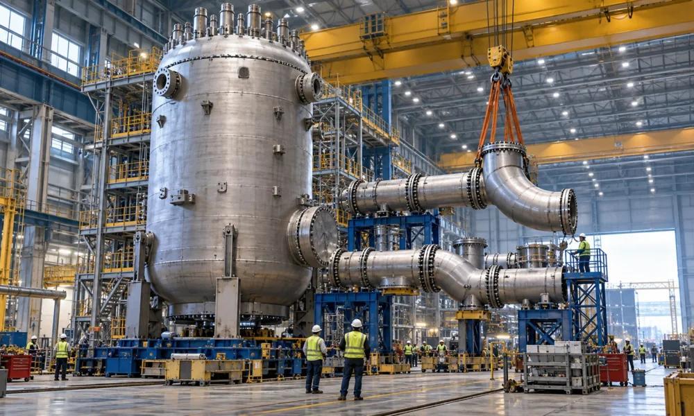 Reactor pressure vessel and pipe modules inside a manufacturing hall.