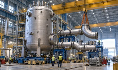 Reactor pressure vessel and pipe modules inside a manufacturing hall.