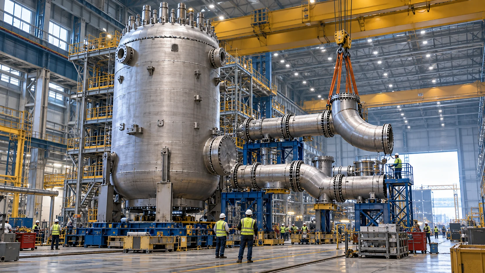 Reactor pressure vessel and pipe modules inside a manufacturing hall.