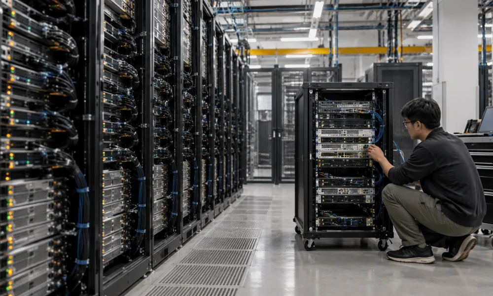 Dense server racks beside a smaller inference test rack and engineer.