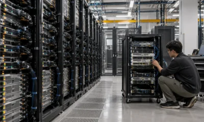 Dense server racks beside a smaller inference test rack and engineer.