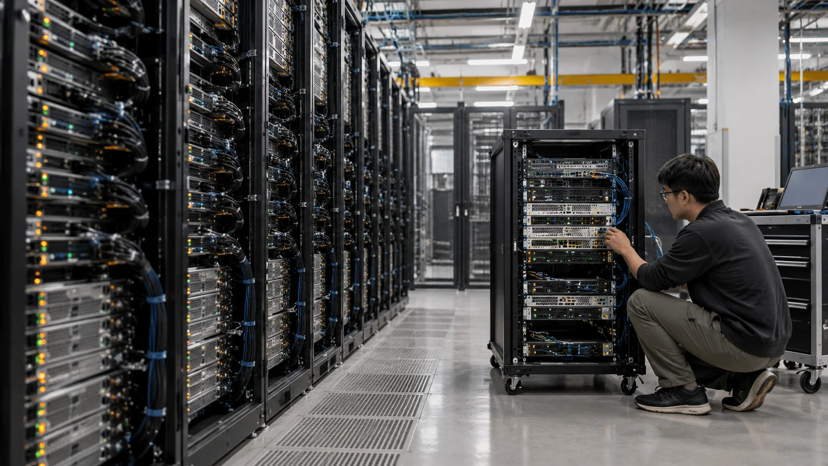 Dense server racks beside a smaller inference test rack and engineer.