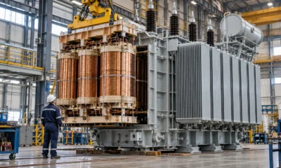 Large utility transformer and copper windings inside an electrical equipment factory.