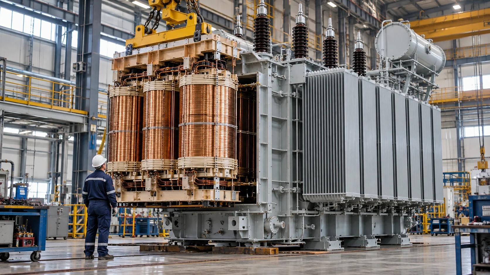 Large utility transformer and copper windings inside an electrical equipment factory.